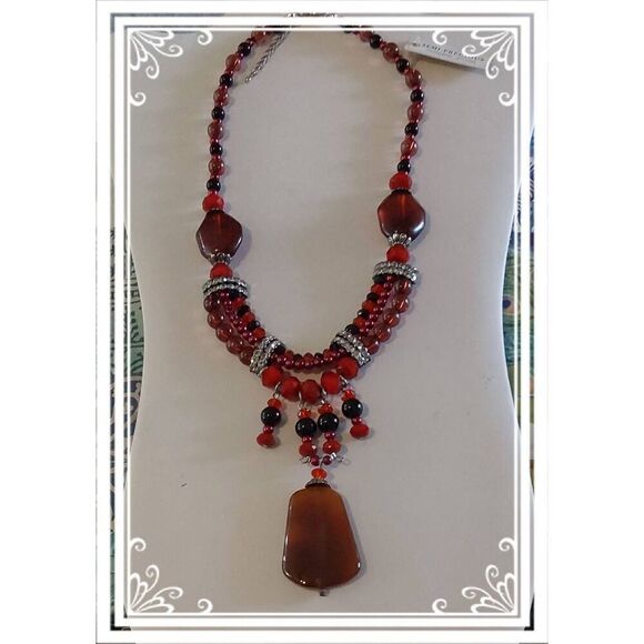 Gorgeous Genuine Red Carnelian & Black Onyx Rhinestone Accent Drop Necklace - Picture 1 of 3